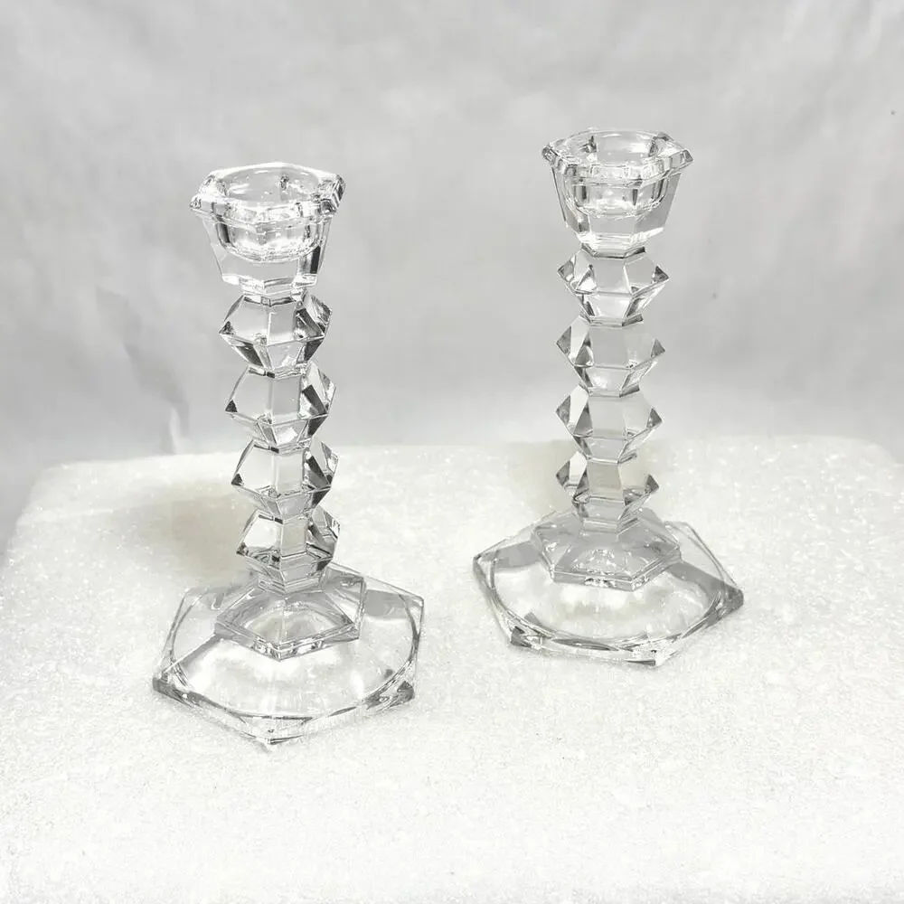 Vintage Faceted Crystal Clear Glass Candlestick Candle Holder Pair Centerpiece